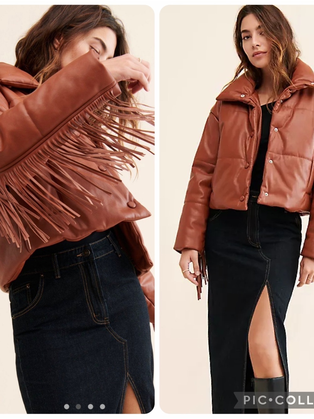 Medium Blank NYC x Nuuly tan Brown Fringe Faux Leather Jacket cropped puffer